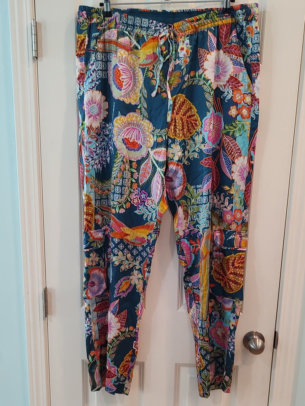 Johnny Was Multicolor Navy Floral Silk Pants